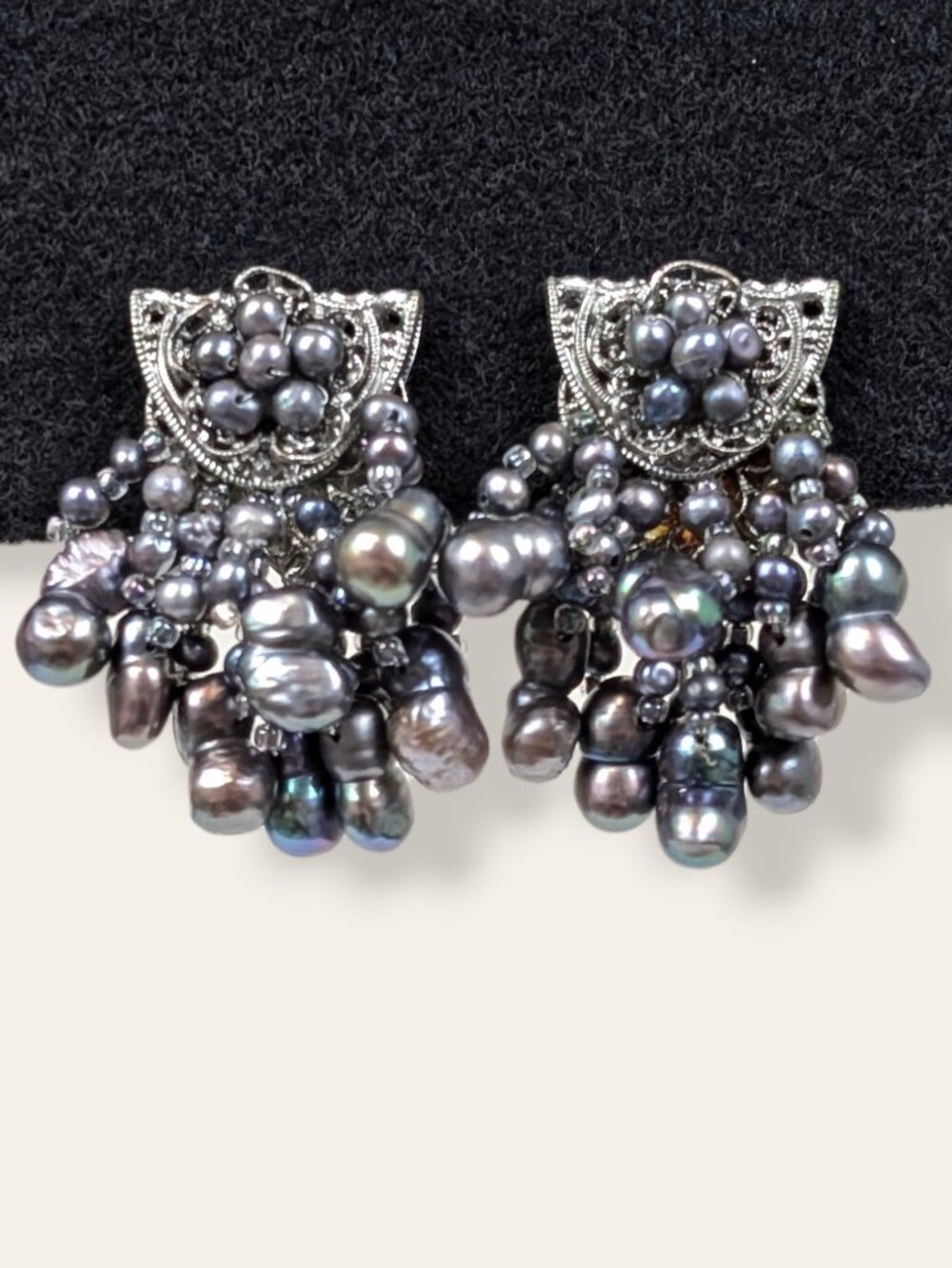 Vintage Dark Freshwater Pearl Cluster Earrings